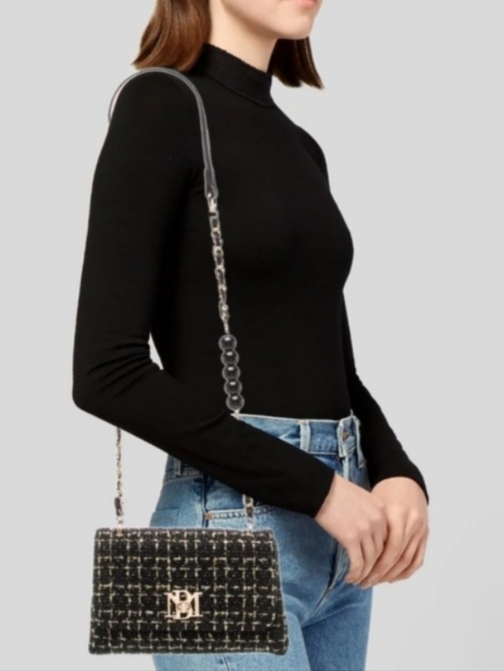 Nwt Badgley Mischka Messenger Bag Woven Tweed Textured Black Gold